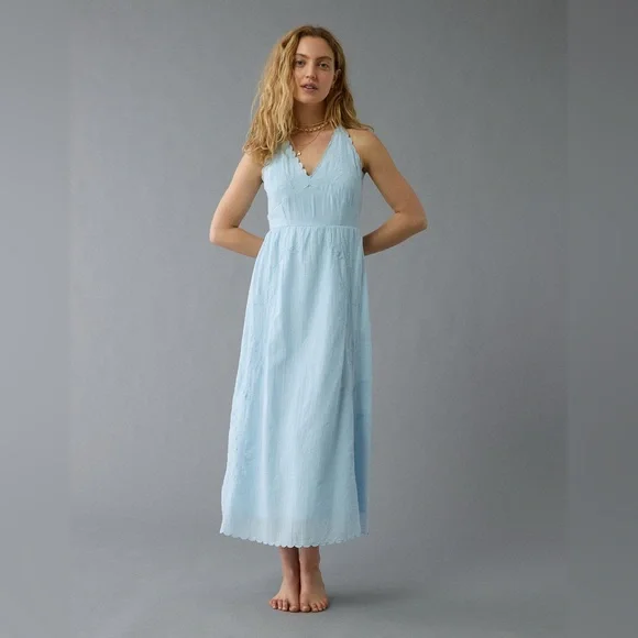 AE V-Neck Embroidered Midi Dress - Light Blue, M